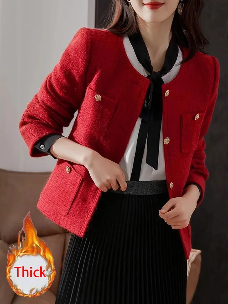 Zoki Elegante giacca in tweed rosso natalizio da donna inverno spesso caldo cappotto dolce francese vintage manica lunga design femminile casual top 240112