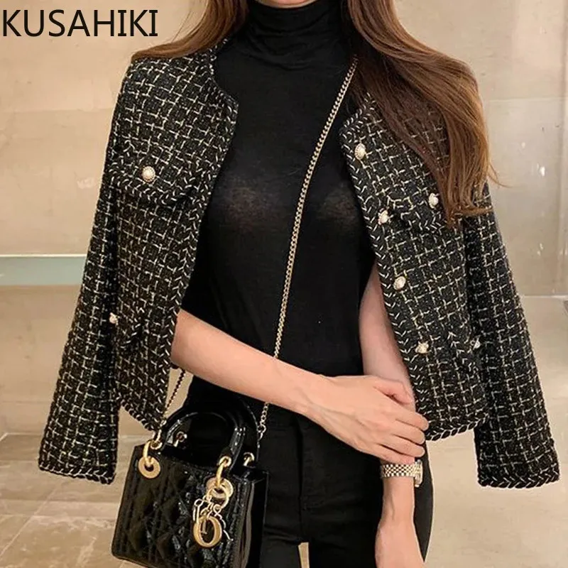 KUSAHIKI Koreanische Plaid Tweed Kurzen Mantel Frauen Vintage Langarm Oneck Outwear Tops Herbst Mode Elegante Jacke 240112