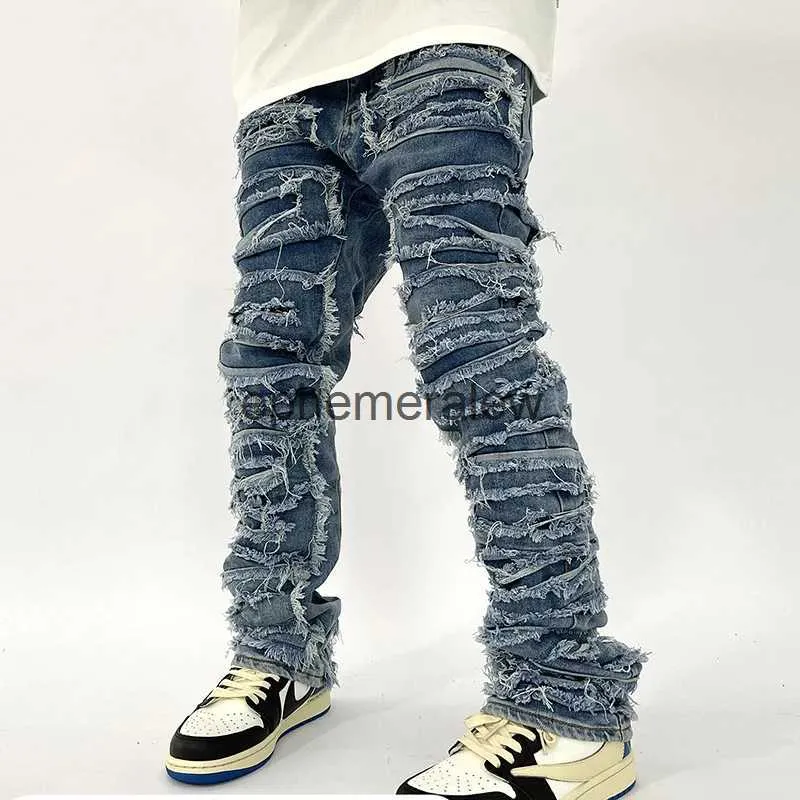 Jeans masculinos retro buraco rasgado jeans angustiados para homens em linha reta lavado harajuku hip hop solto calças jeans estilo vibração casual jean pantsephemeralew