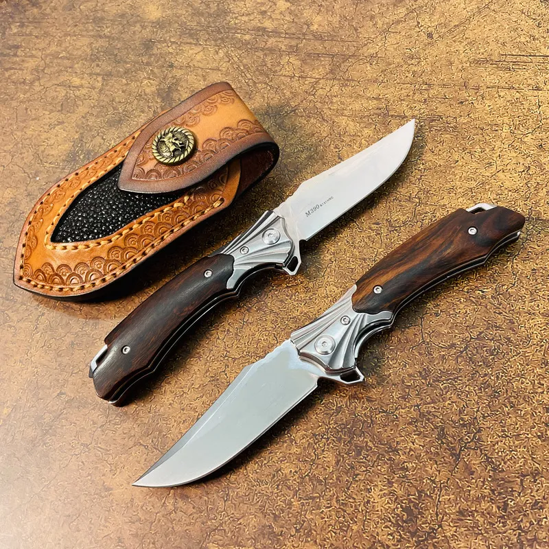 S7221 Flipper Folding Knife M390 Satin Tailing Point Blade Rosewood with Steel Head Handle EDC Pocket Folder Gift Knives Outdoor Tools