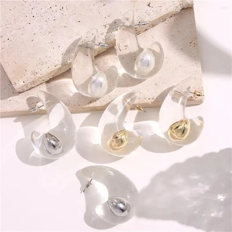 Boucles d'oreilles pendantes en résine, grande boule de cuivre en métal élégante, clou de perle, goutte d'eau transparente pour femmes