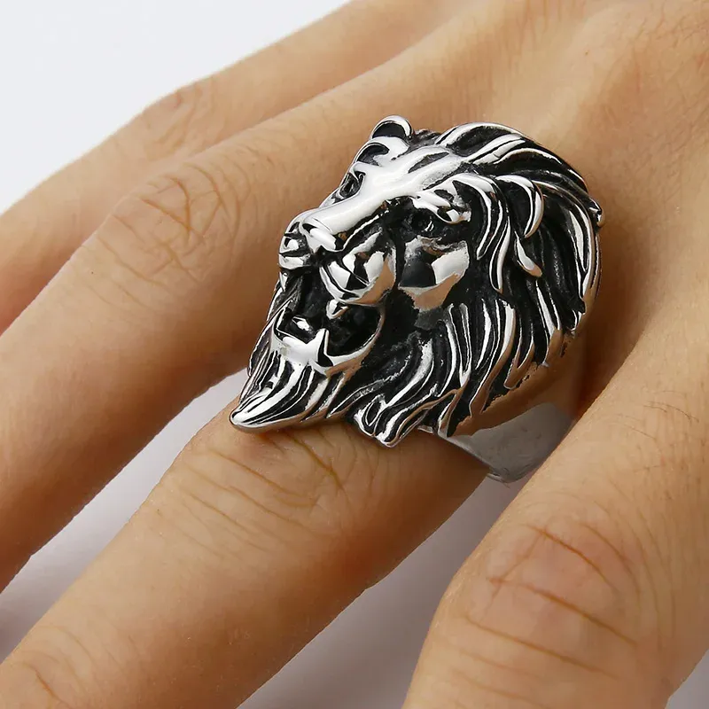 Sirius Mens 14K White Gold Vintage African Lion King Face Lion Head Ring for Men Women