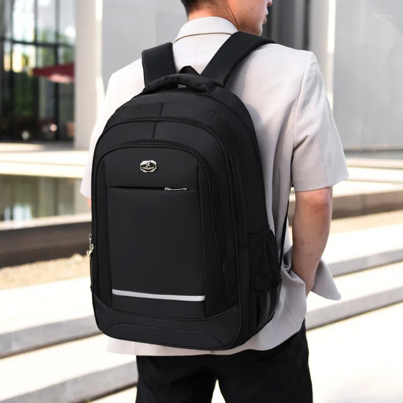 Backpack Large Bag Men Women 29L Oxford Black Solid High School Bags Reflective Stripe Hiking25-75L Fits In 11-15 Inch Laptop