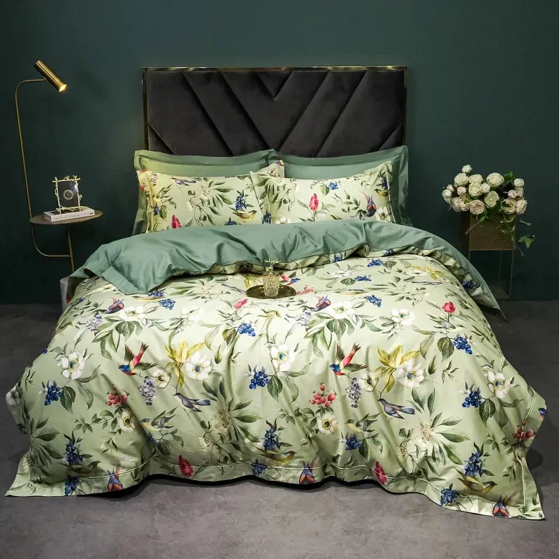 Luxo estilo americano 1400tc cetim algodão egípcio floral pássaro impressão conjunto de cama macio capa edredão fronhas folha 240112