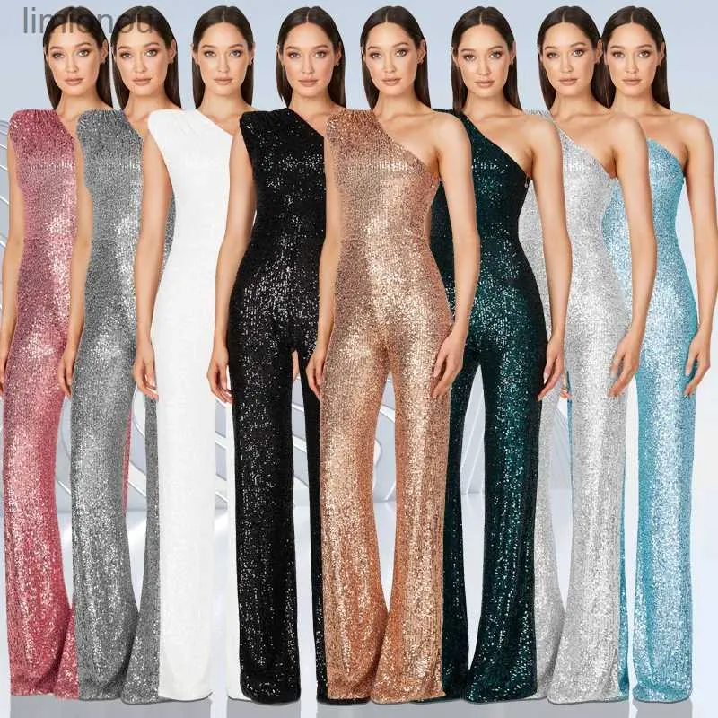 Kadın Tulumları Yükselen Kadınlar Zarif Uzun Tulumlar Eğimli Yaka Partisi 2023 Seksi Glitter Sequin Club Playsuits Moda Sırtsız Katı Romperl240111