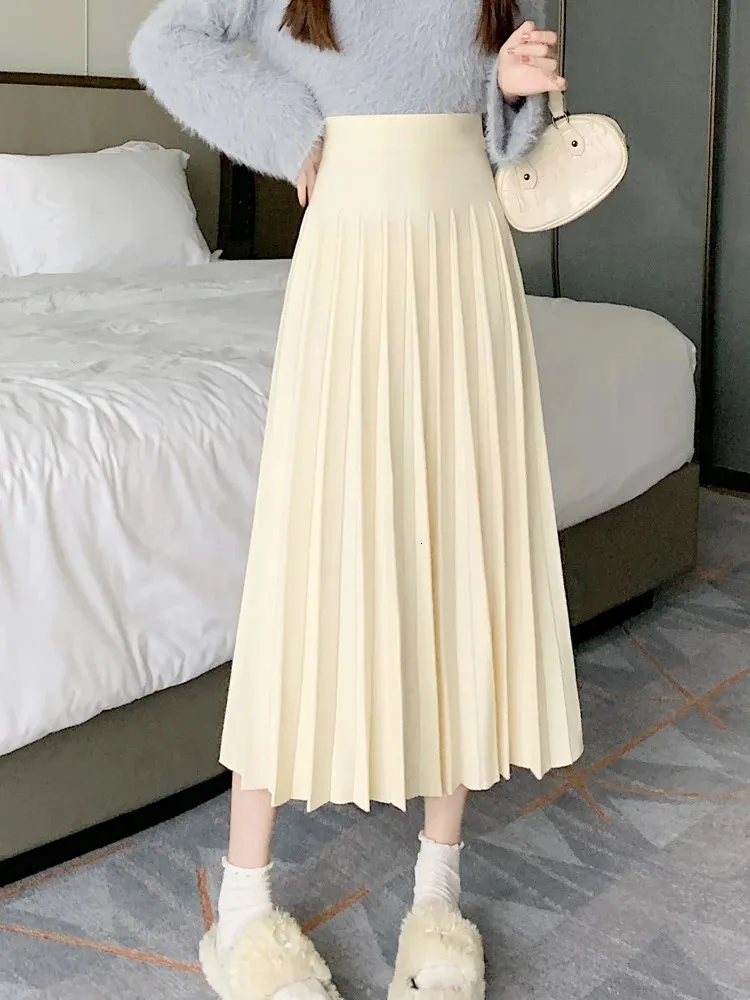 TIGENA трикотажная длинная юбка для женщин, осень-зима, корейская простая однотонная трапециевидная юбка с высокой талией, плиссированная теплая юбка-миди, женская 240111