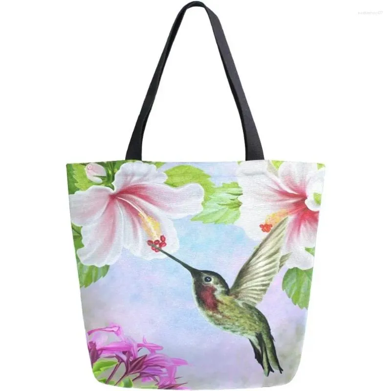 Einkaufstaschen, Vogel-Leinen-Einkaufstasche, Schultertasche, lässig, Buch, Kolibri, Blumenmuster, groß, für Damen, Handtasche, wiederverwendbar, vielseitig einsetzbar