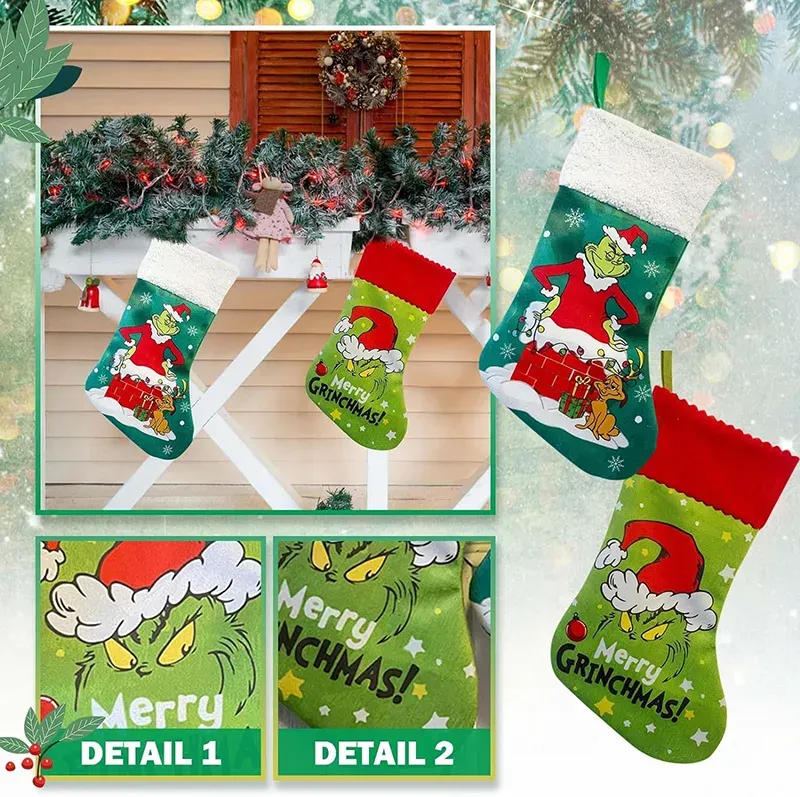 Grinchs Christmas Stockings 35CM Large Grinchs Green Monster Stocking Christmas Decorations Gift Socks Holiday Decor Home Indoors Ornaments