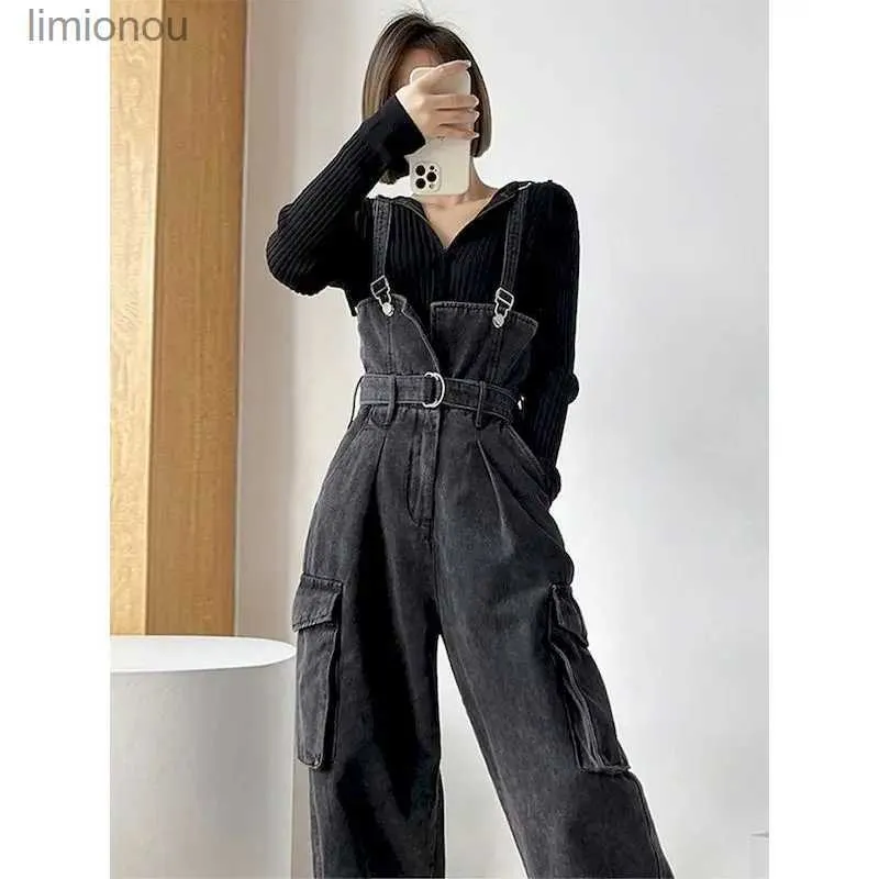 Kvinnors jumpsuits Rompers Black Denim Jumpsuits for Women Korean Style Vintage PlaySuit Wide Leg Pants Loose Trousers Overdimensionerade Overalls For Women Clothl240111