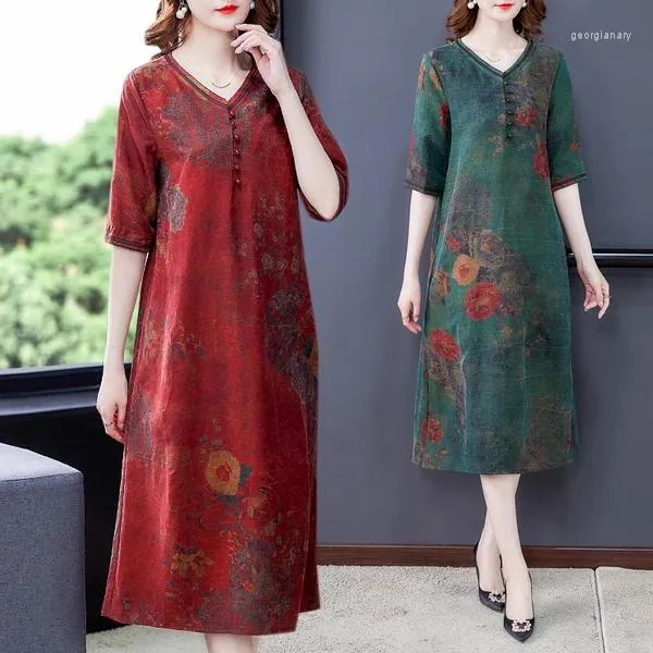 Party Dresses 2024 Red Floral Natural Slik Plus Size Midi Dress Summer Korean Vintage Casual Women Elegant BodyCon V-ring