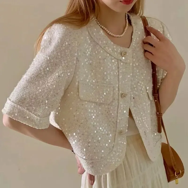 Летняя высококачественная корейская твидовая куртка с блестками и короткими рукавами, пальто, женская модная верхняя одежда с блестками, топ 240112