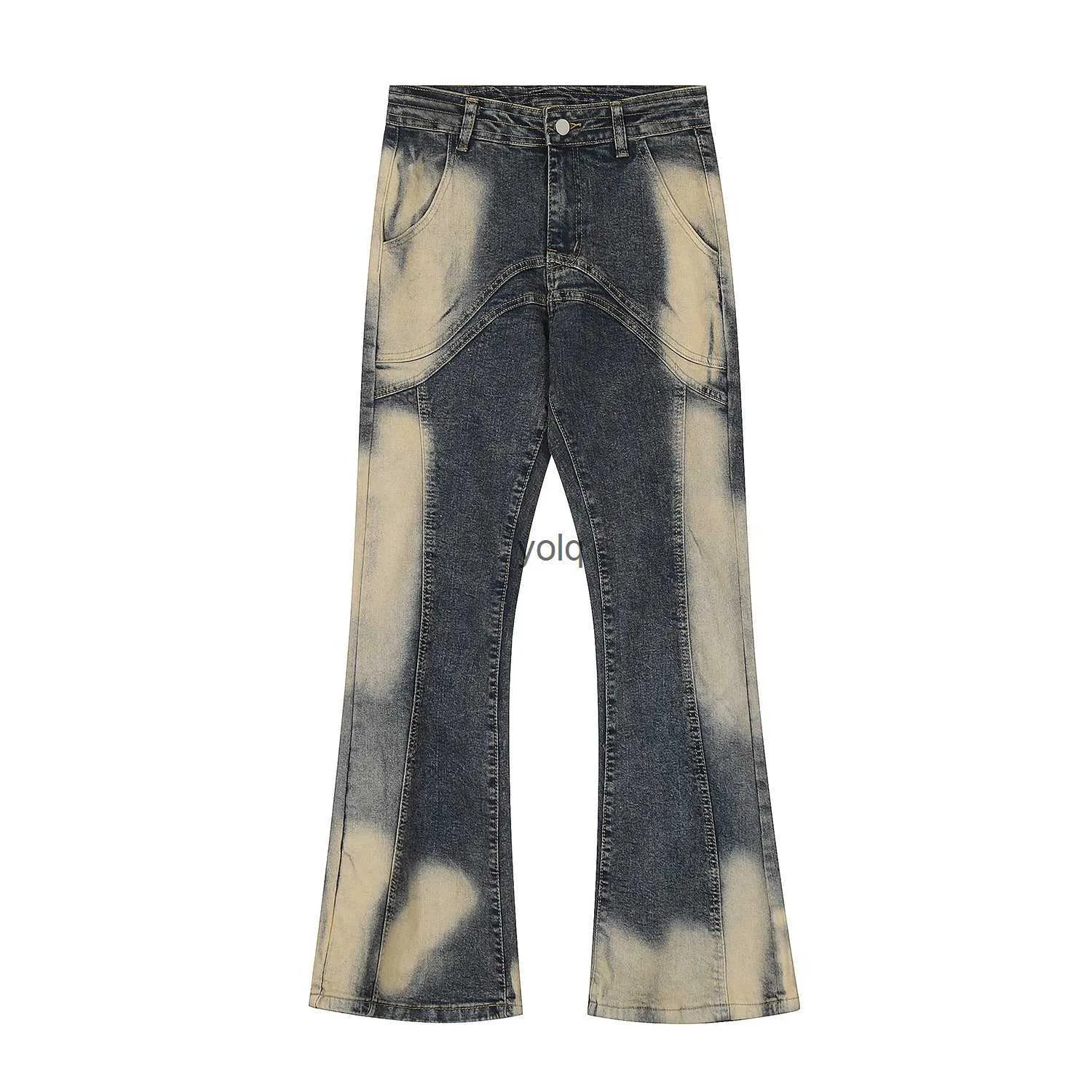 Men's Jeans Street Wear Irregular Patchwork Jeans Washed Vintage Distressed Slim Micro Flared Denim Pants Y2k Water Dyeing Horn Jean Hip Hopyolq