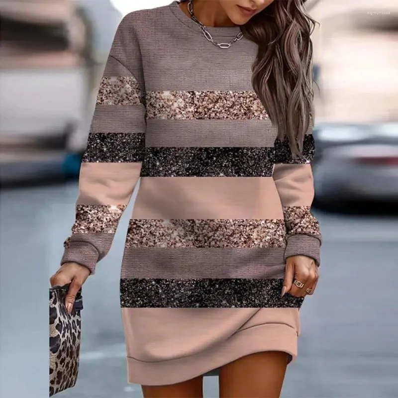 Casual Dresses Fall Winter Women Dress randig färgblock Shiny Sequin O Neck Loose Long Sleeve Over Kne Length Mini