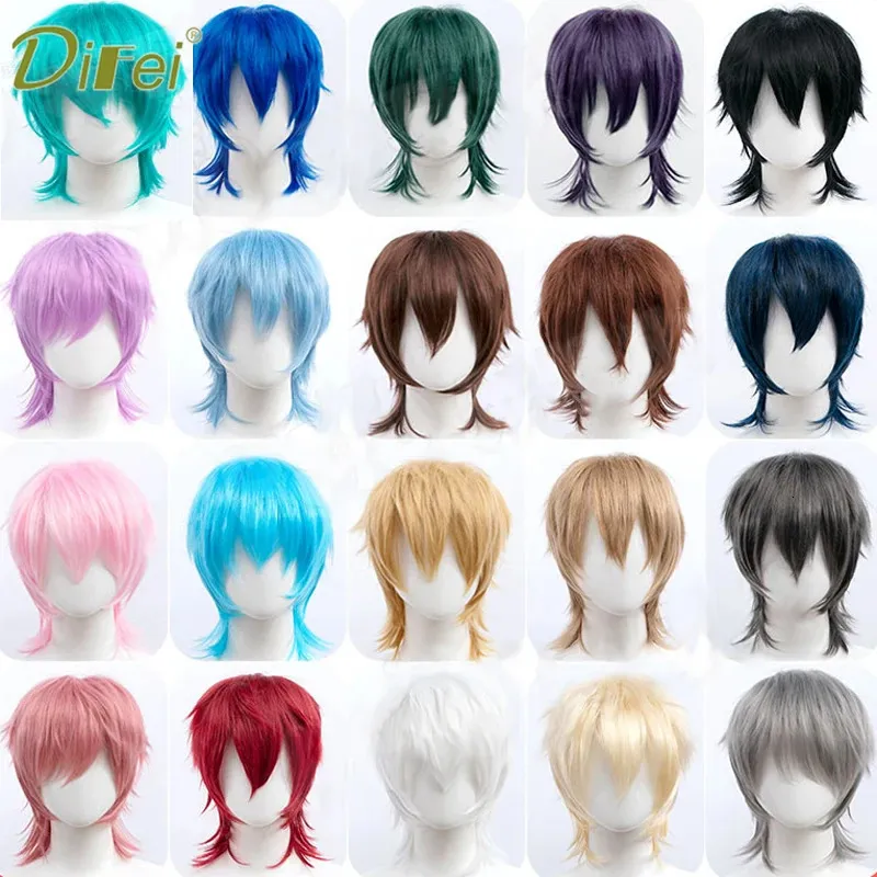 Difei sintético preto vermelho rosa curto cabelo reto para festa de menino resistente ao calor cabelo falso tainha tipo cabeça de peixe masculino perucas cosplay 240111