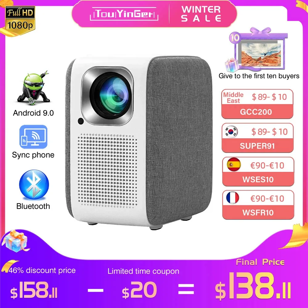 Orijinal ToUinger H6 LED Android Projector Full HD 1080p Açık Projektörler WiFi Taşınabilir Beamer Mini TV LED Home Sciation 240112