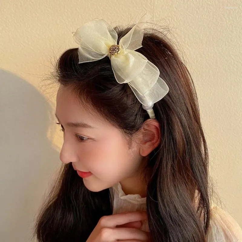 Hair Clips Vintage Summer Band Princess Flower Sweet Women Mesh Headband Pearl Korean Style Hoop Bow Hairband