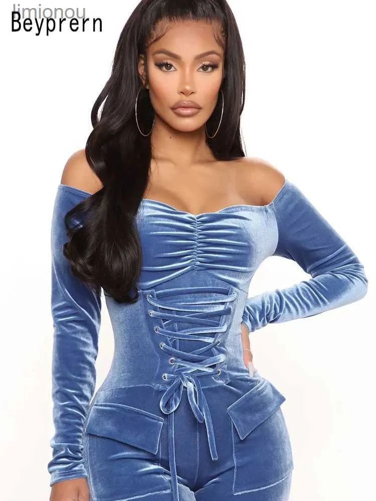 Women's Jumpsuits Rompers Beyprern New Chic Off Shoulder Blue Lace-Up Velvet Long Sleeve Jumpsuits Women Rompers One Piece Overalls Night Club OutfitsL240111