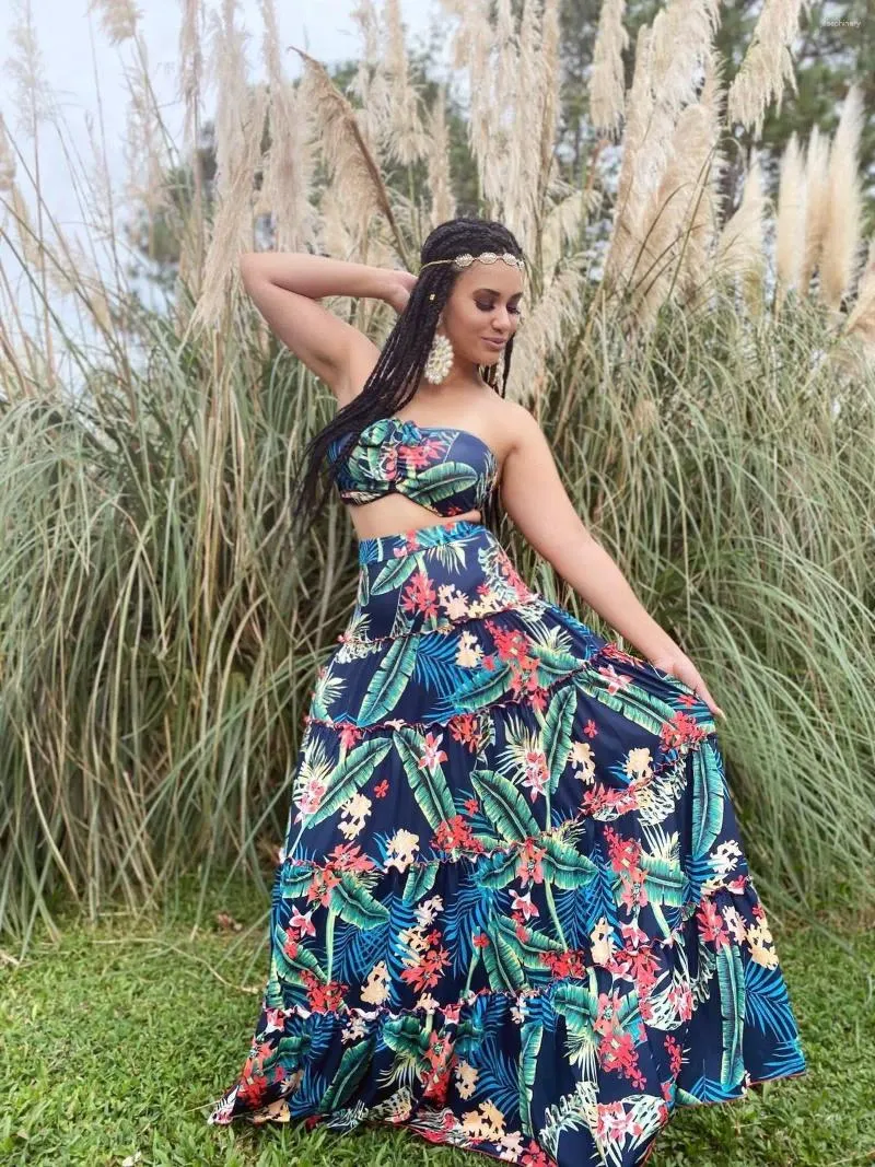 Summer 2-Piece Dress Set Women's Printed Crop Top Maxi Skirt Outfit,  Elegant Wedding Guest Cocktail Dresses, Hot Sale!