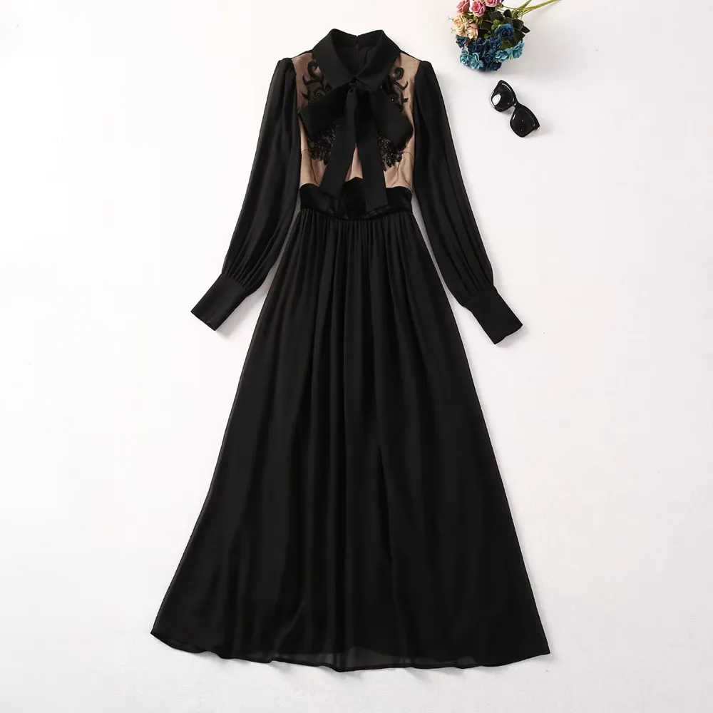 2024 Spring Black Contrast Color Ribbon Tie Bowknot Dress Lång ärm Lapel Neck Panelen Långa maxi Casual klänningar A4J09