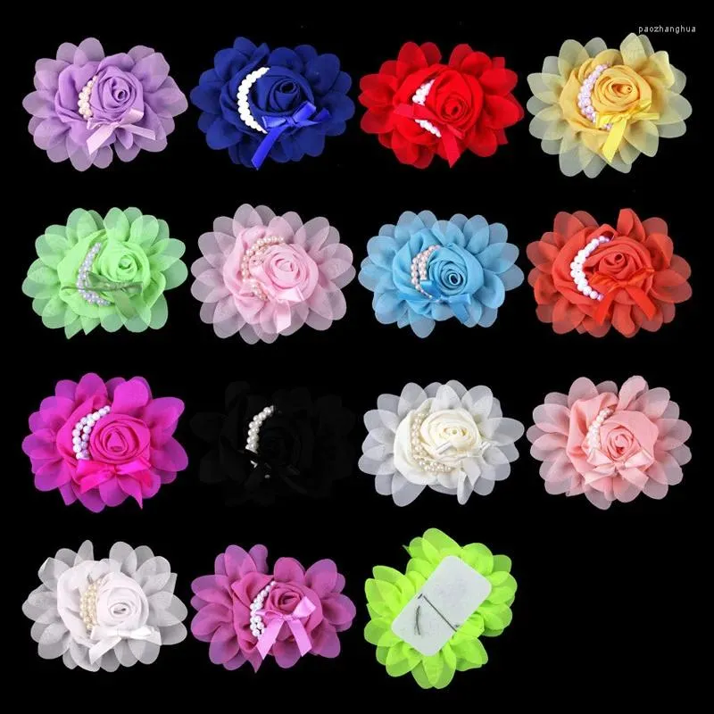 Accessoires pour cheveux 5 pièces/lot 14 couleurs, poisson rouge artificiel, nœud papillon en mousseline de soie, fleur de Rosette roulée avec perles, fleurs en tissu solide pour enfants