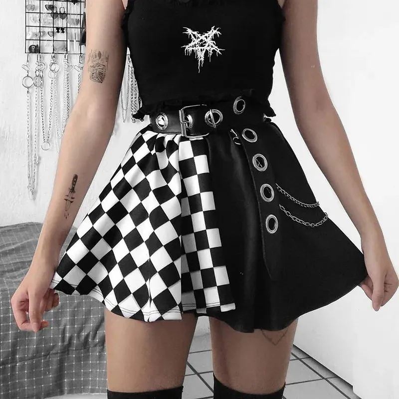 Fichor punk saia gótica xadrez uma linha mini harajuku streetwear sexy retalhos e menina grunge y2k club wear 240112