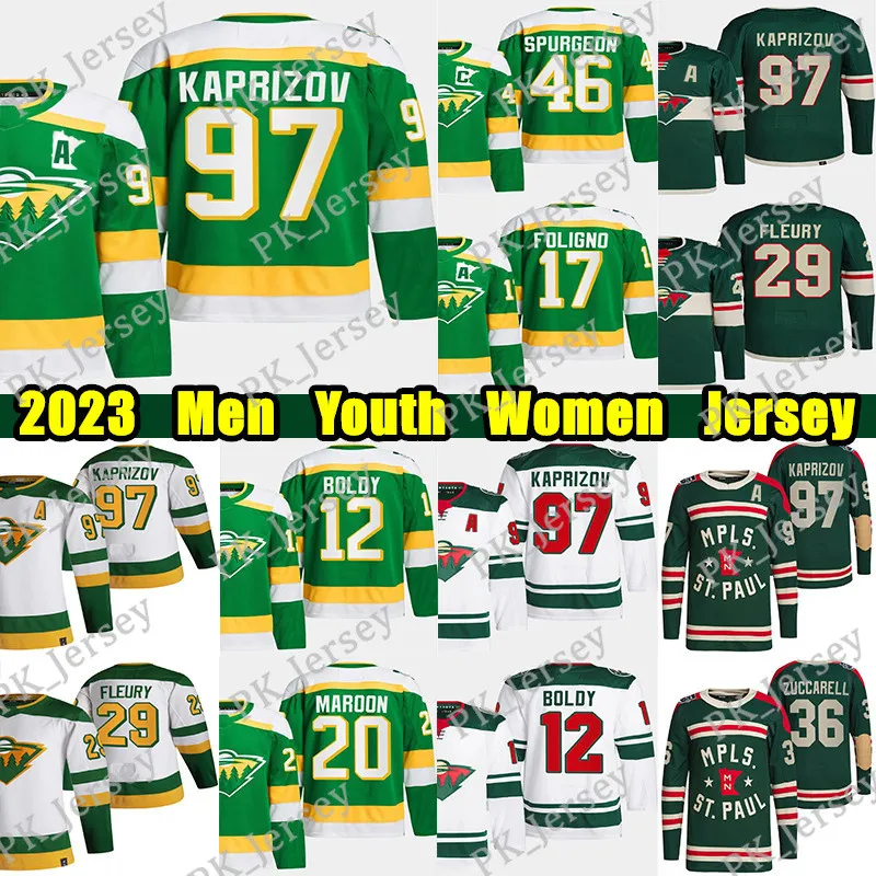 #97 Kirill Kaprizov Reverse Retro Hockey Jersey #36 Mats Zuccarello Marc Andre Fleury Jared Spurgeon Pat Maroon Foligno Brock Joel Eriksson EK Matt Boldy Jerseys