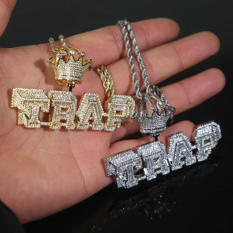 New Arrival Trap Letter Royal Crown Charm Pendant Necklace with Rope Chain Hip Hop Women Men Full Paved 5A Cubic Zirconia Boss Men Gift Jewelry