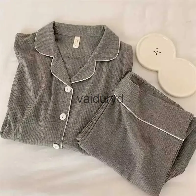 roupas para casa Pijama feminino primavera e outono manga comprida cardigã cinza simples de alta qualidade pode ser usado como um terno de casa de duas peçasvaiduryd