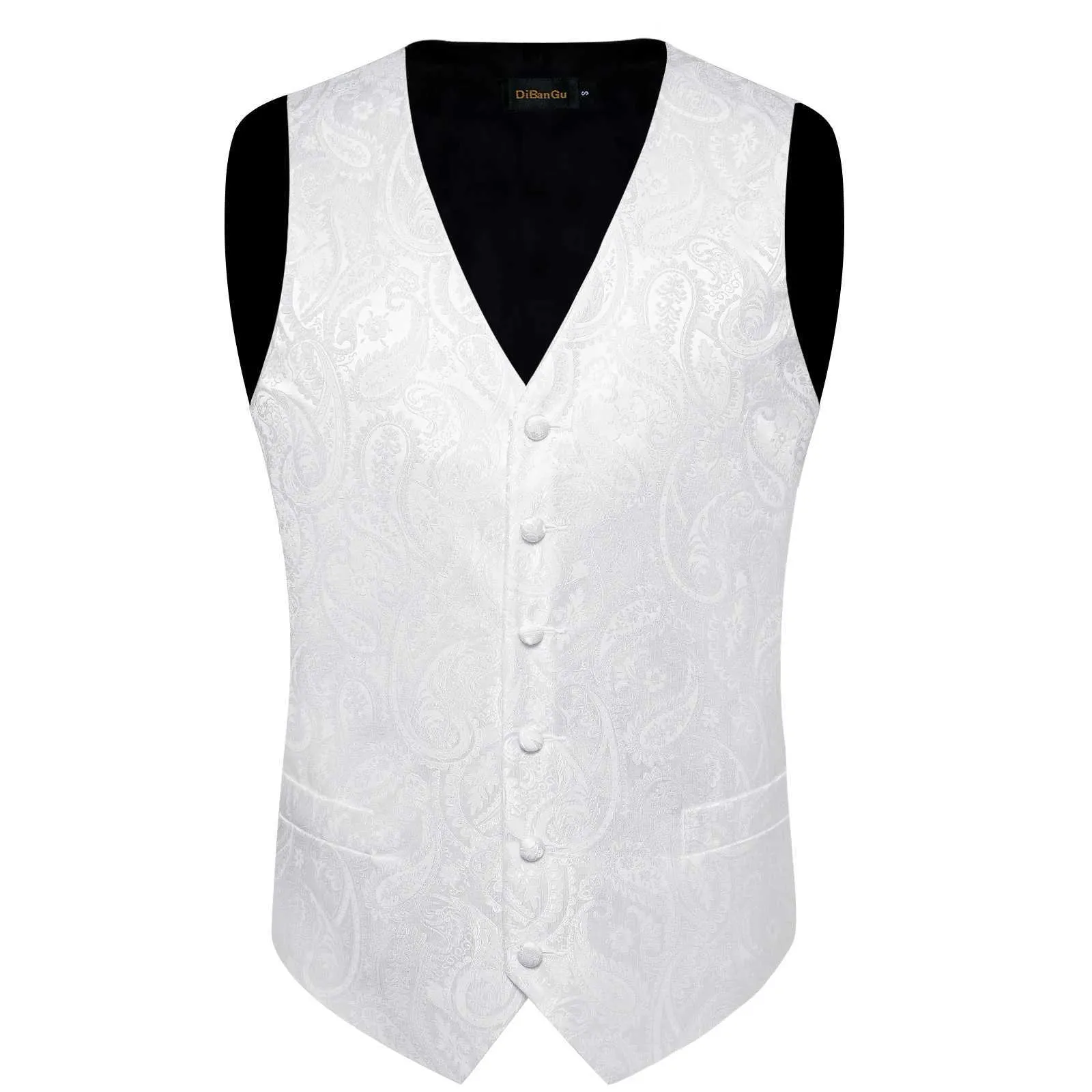 Herrenwesten Reinweiße Hochzeitsweste für Männer Ärmellose V-Ausschnitt Satin Weste Krawatte Einstecktuch Manschettenclip 5 Stück_voghion.com