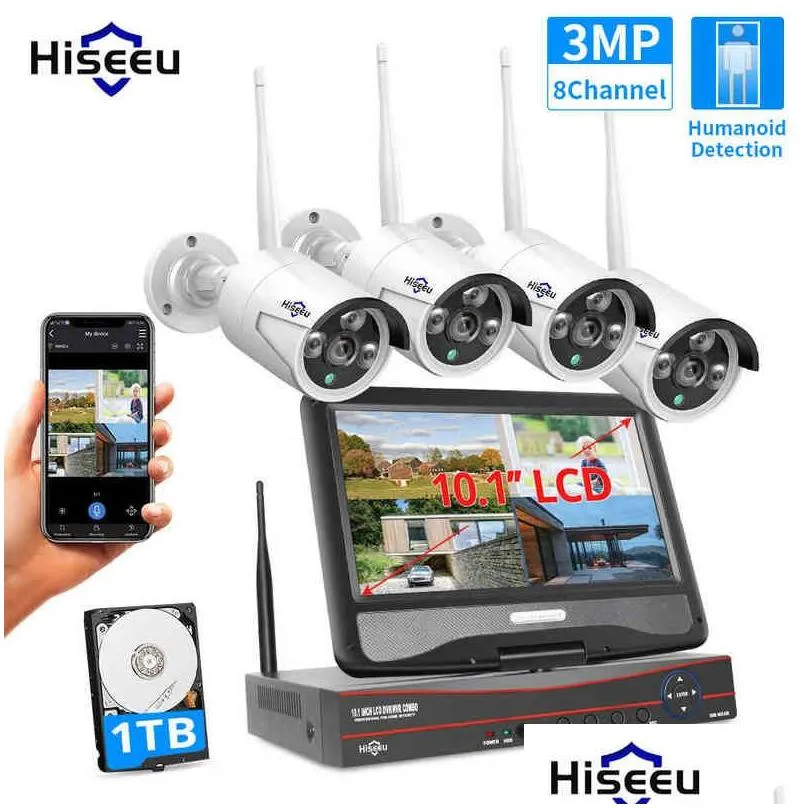 Telecamere IP Hiseeu P 8Ch Telecamera wireless Cctv Kit 10.1 Monitor LCD 1536P Sistema di sicurezza esterna Wifi Nvr Aa220315 Drop Delivery Surv Dhkf9