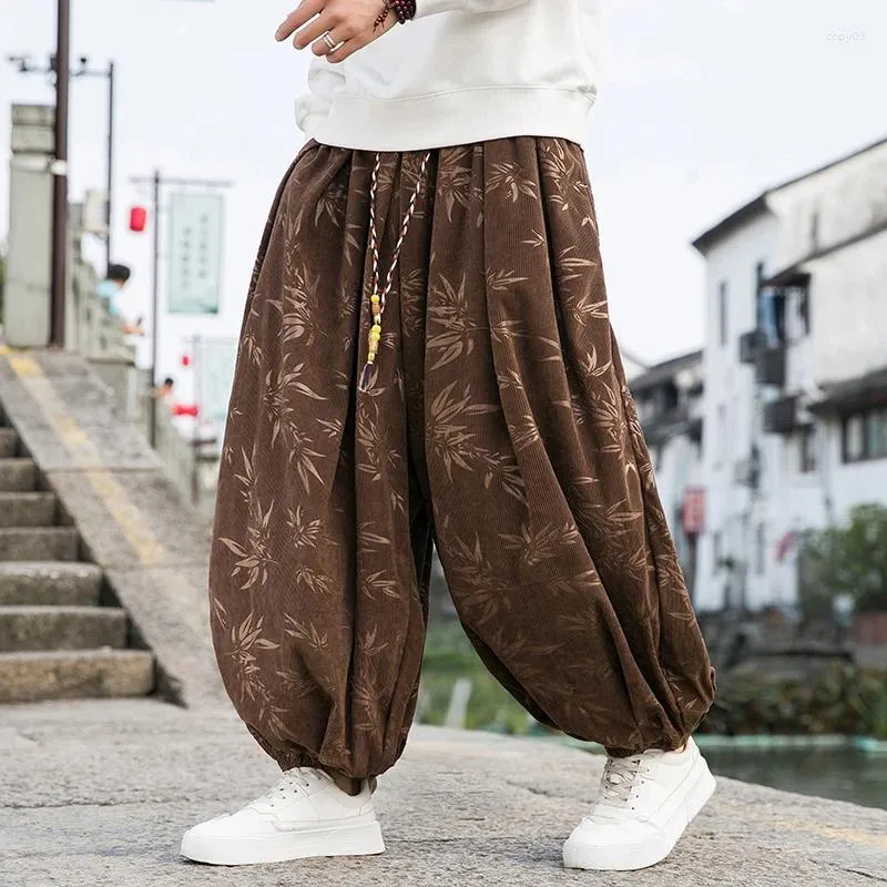 Men's Pants Men Bamboo Leaf Dark Flower Corduroy High Quality Bloomers Casual Loose Elastic Waist Wide Leg Trousers Male Outdoor Brand