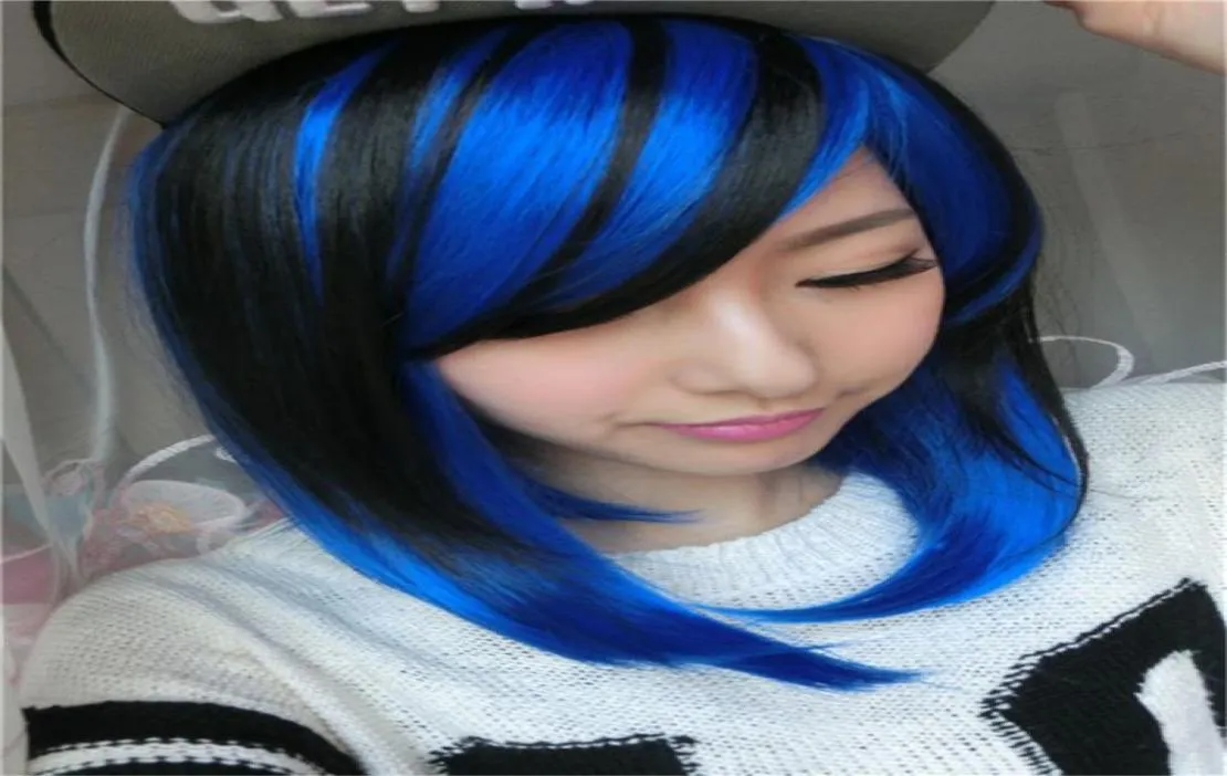 WoodFfestival parrucche corte diritte parrucca nera mix blu cosplay donne lolita anime sintetiche resistenti al calore peruca capelli ombre9446300