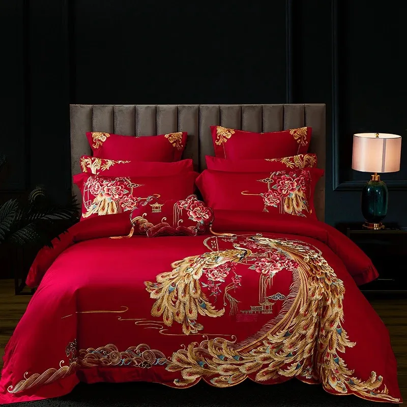 Lusso oro fenice ricamo rosso cinese matrimonio 100 s cotone egiziano set biancheria da letto copripiumino lenzuolo copriletto federa 240112