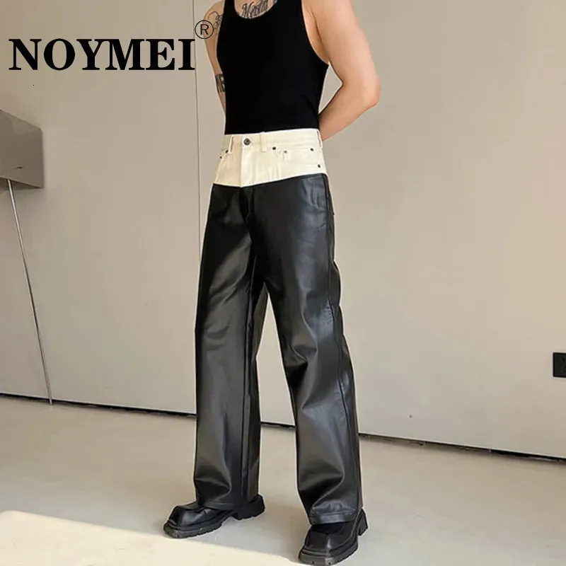 NOYMEI Designer Denim correspondant en cuir PU pantalon droit jambe large haute rue mode homme pantalon WA140 240111