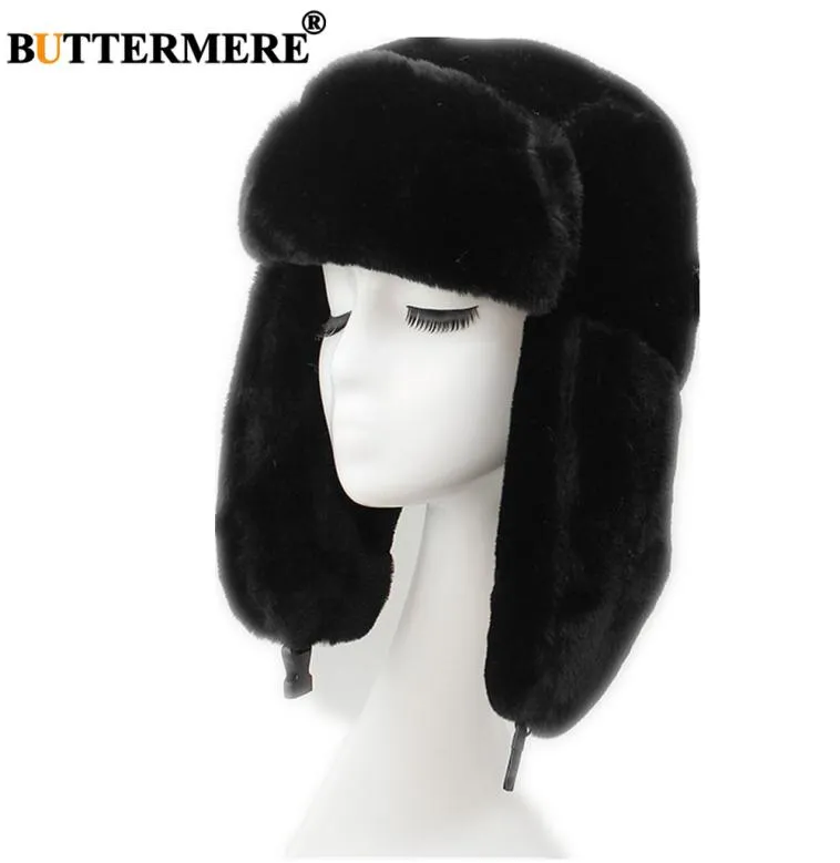 Chapéu bomber de pele buttermere para mulheres russo ushanka preto trapper chapéu feminino quente inverno orelhas de esqui gorros mujer invierno5281110