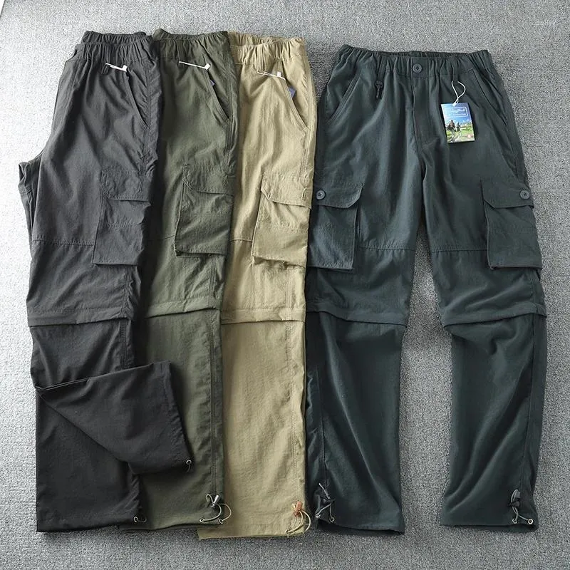 Men's Pants Summer Removable Cargo Men Outdoor WarterProof Thin Casual Pant Male Multi-Pocket Straight Work Elastic Waist Trousers