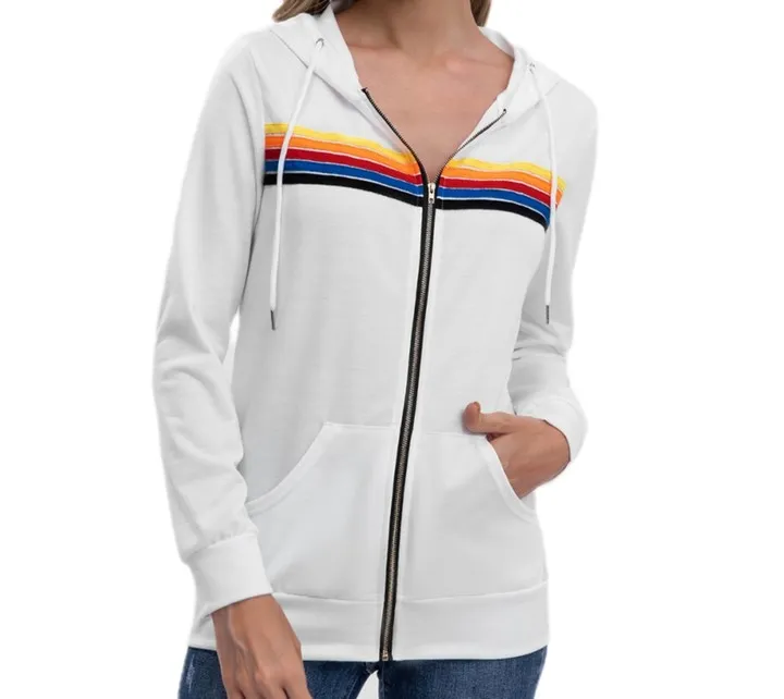 Womens Hoodies Sweatshirts Women Fashion Hoodie Oversized Rainbow Stripe Long Sleeve Sweatshirt Zipper Pocket Coat Jacket Spring Casual V UWHU