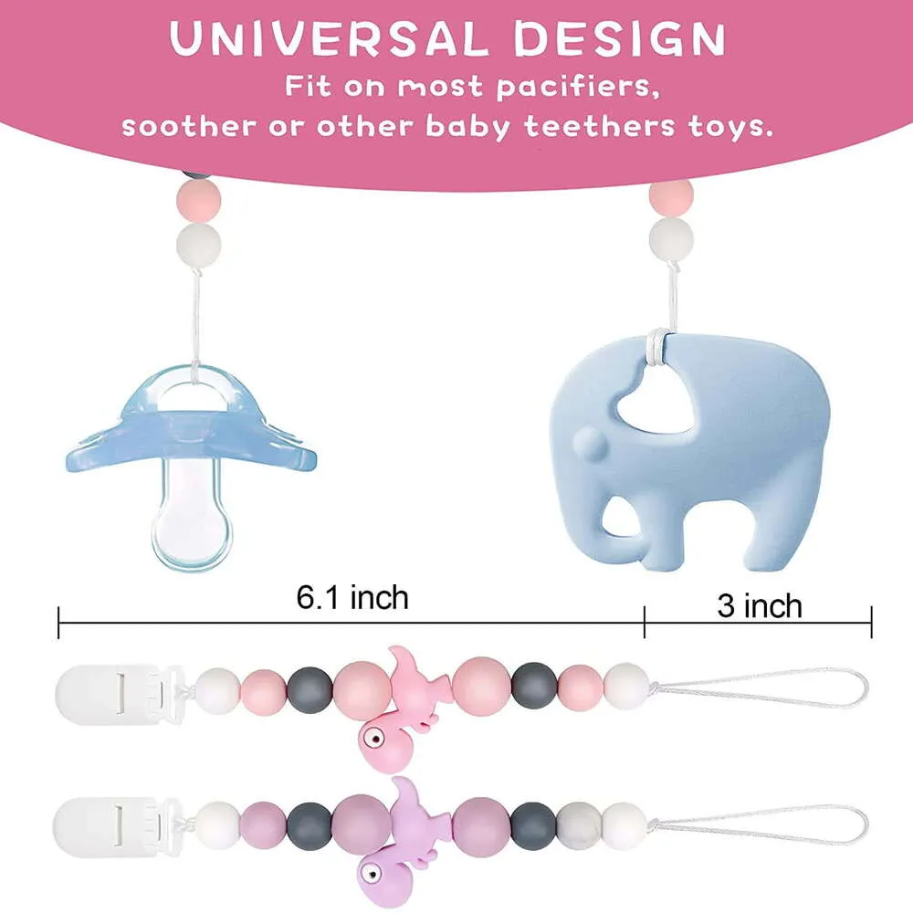 Pacifiers Clips Holder 2 Pack Pacifier Caseシリコンビーズランヤードの歯が生えているリリーフレリーフおもちゃの男の子の女の子新生児（ピンクの恐竜）