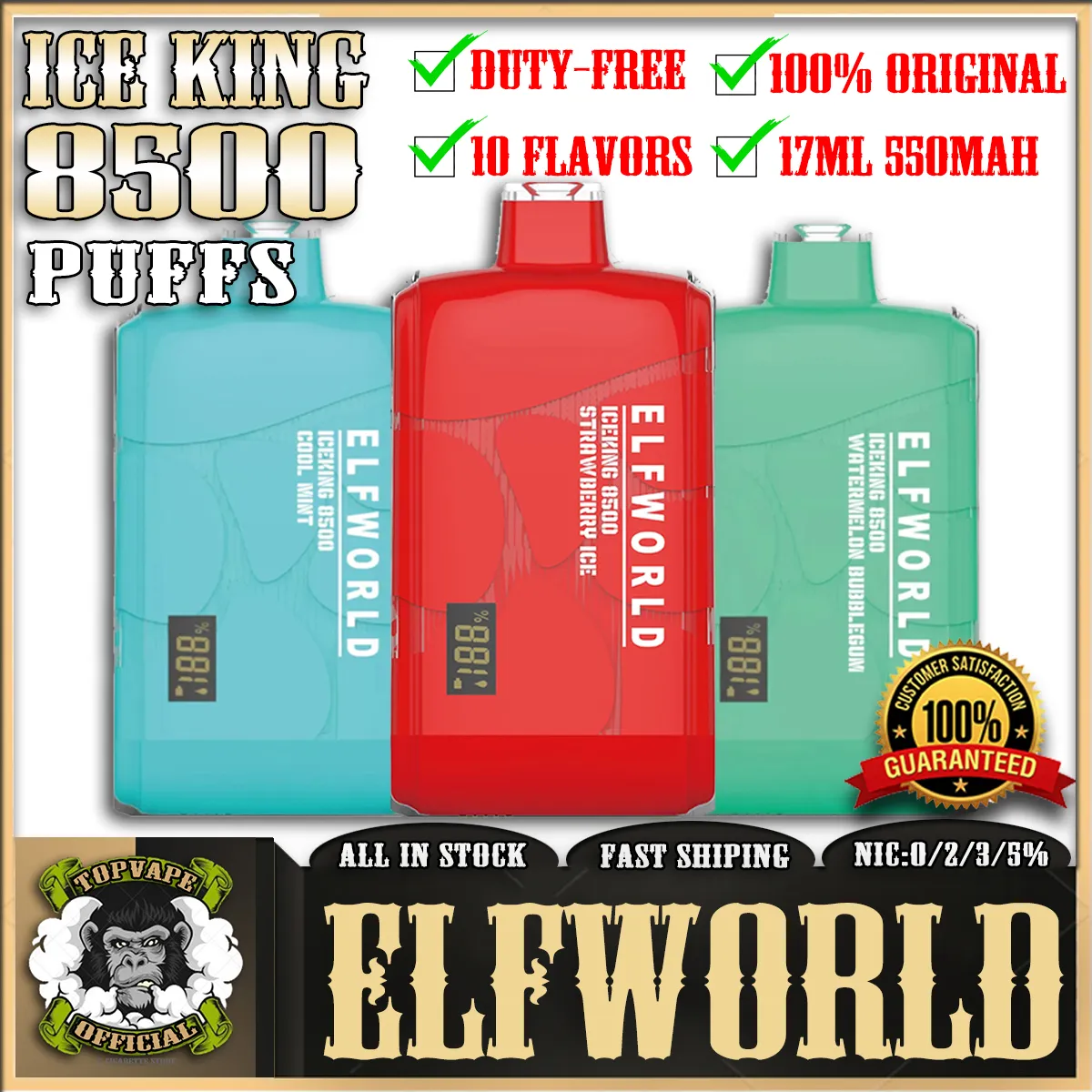 ORIGINAL ELFWORLD ICEKING 8500 PUFF 8500 0/2/3/5% DISPOBLECTILL Laddningsbar Crystal Charge Display E Cigarettenheter Vape Pen med 550mAh Battery 17 Ml Elf World