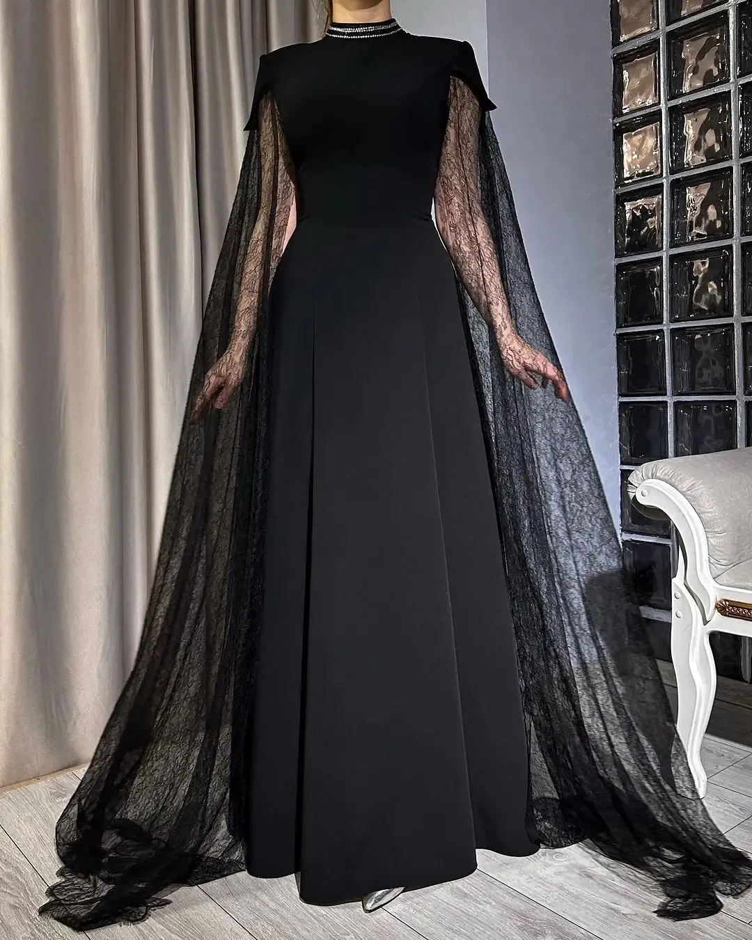 Abito da sera nero vintage maniche ad aletta collo alto perline pizzo morbido raso prom abiti da festa formale stile celebrità Robe De Soiree abiti da festa