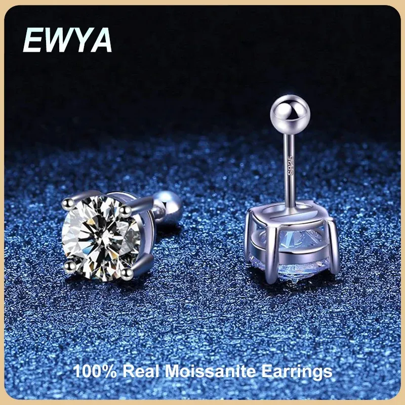 Ewya S925 Sterling Silver D Färg 1 Skruvörhängen för kvinnor Fina smycken 18K Pläterad 4 Prong Party Earring Gift 240112