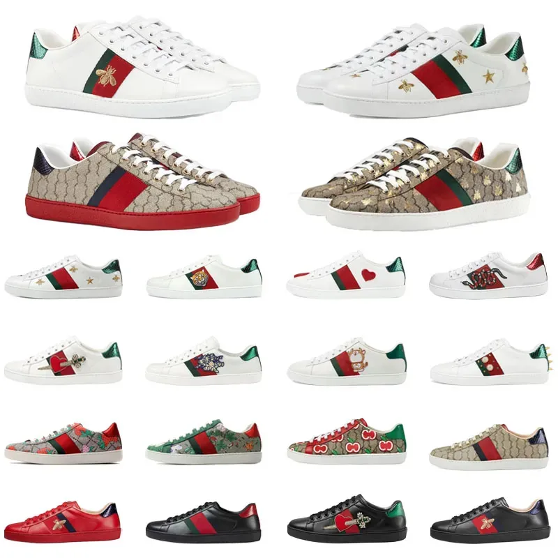 Luxury Designer Shoes Mens Italy Bee Ace Casual Shoes Women White Flat Leather Shoe Green Red Stripe Embroidered Couples Trainers Sneakers Size 35-46