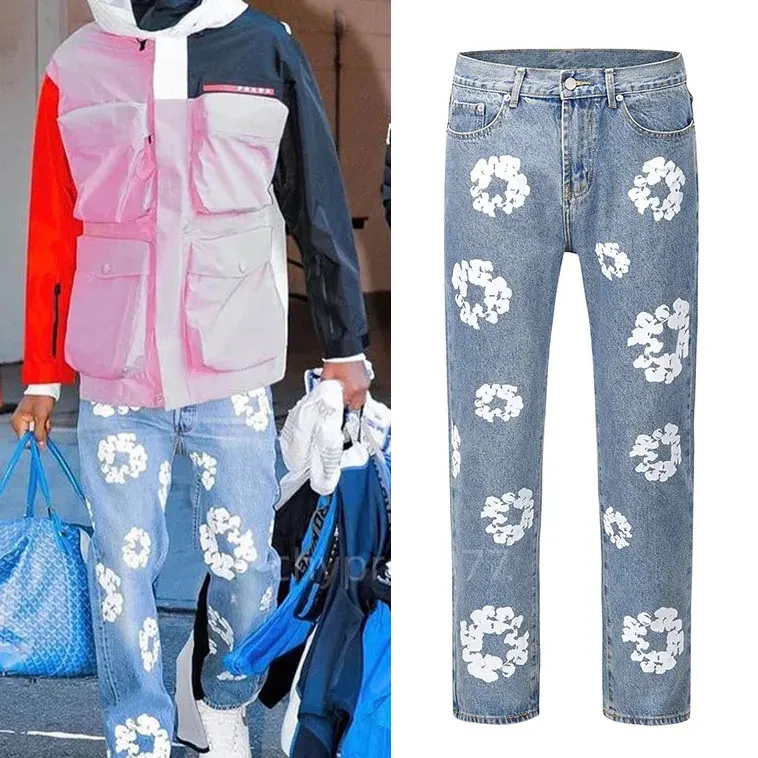 Hommes denim pantalon floral imprimé complet denim cowboy super street top tendance jambe droite décontracté hommes et femmes denim pantalon