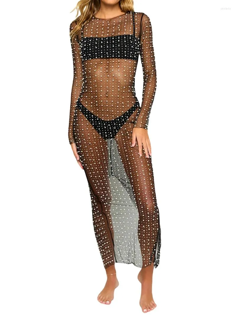 Casual Dresses Women Y2k Sheer Mesh Long Dress Summer Bikini Cover Up Sleeve Slit Party Beach With Pearl Decoration