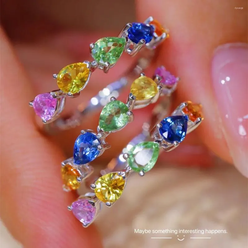 Cluster Rings Unice Classic Real 18K Solid Yellow Gold Jewelry AU750 Water Drop Shape Natural Colors Sapphire Rainbow for Women Gift