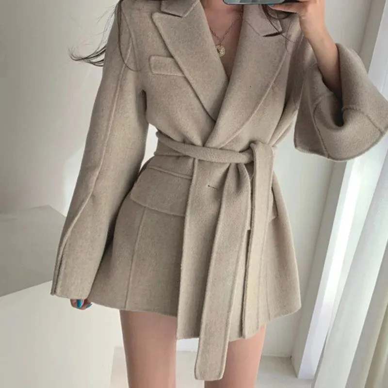 Manteau d'hiver à la mode pour femmes, rétro français, ceinture à bouton unique, fente fermée, manches longues, manteau en laine chaud, Z14 240112