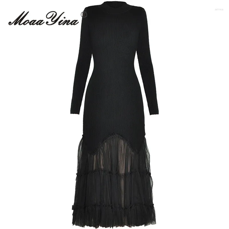 Casual Kleider MoaaYina Herbst Mode Designer Schwarz Vintage Strickkleid Frauen O Hals Langarm Hohe Elastische Dünne Mesh Gespleißt