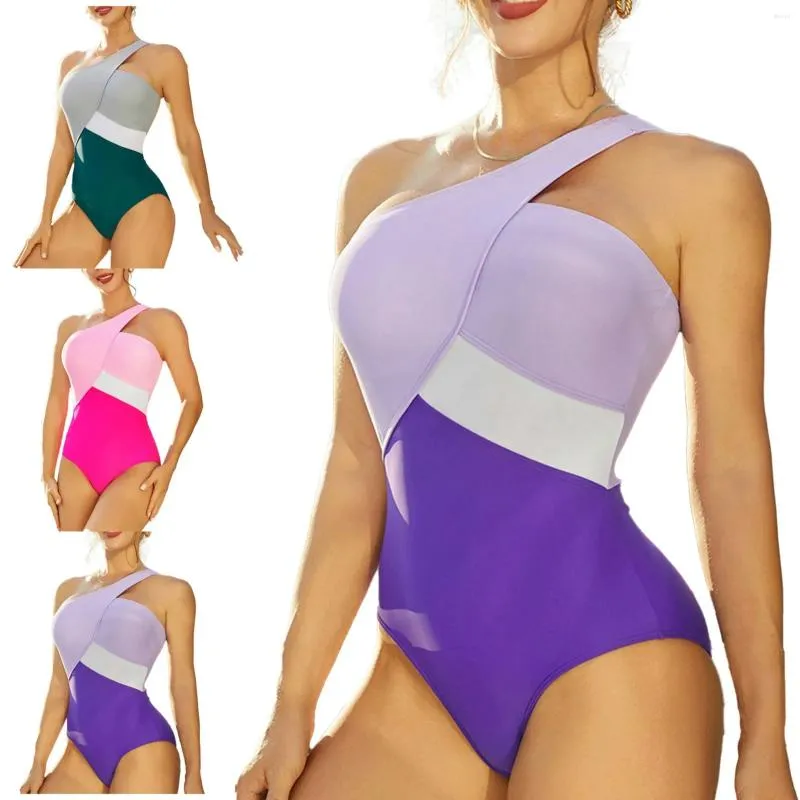 Kvinnors badkläder sexig en axel kontrast färg strand semester kör shorts vit bikini topp baddräkt ammar