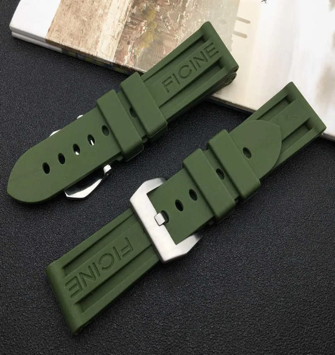 Correa de reloj verde militar de 22mm y 24mm, repuesto de correa de goma de silicona para herramientas de correa Panerai con hebilla de acero H09158632814
