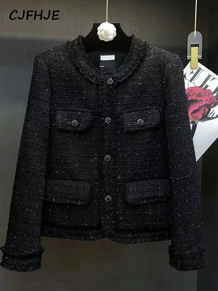 CJFHJE ONECK Autumn Winter Korean Style Suit Kvinnor Långärmad svart singel Breasted Plaid Cassic Tweed Blazers Kvinna 240112